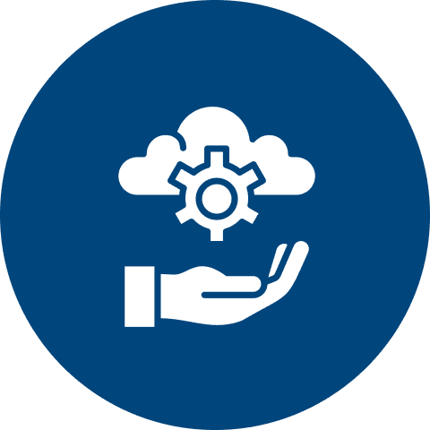 Group 1321315770 (5) Icon of a white hand holding a gear and cloud on a blue circular background.